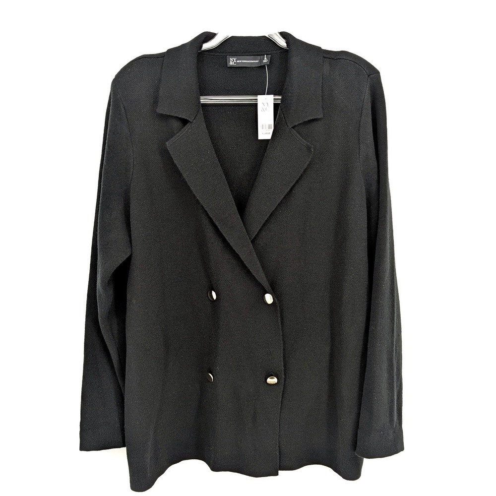 New York & Company NWT Double Breasted Sweater Blazer‎ Gold Button XL Black Knit - Picture 2 of 10